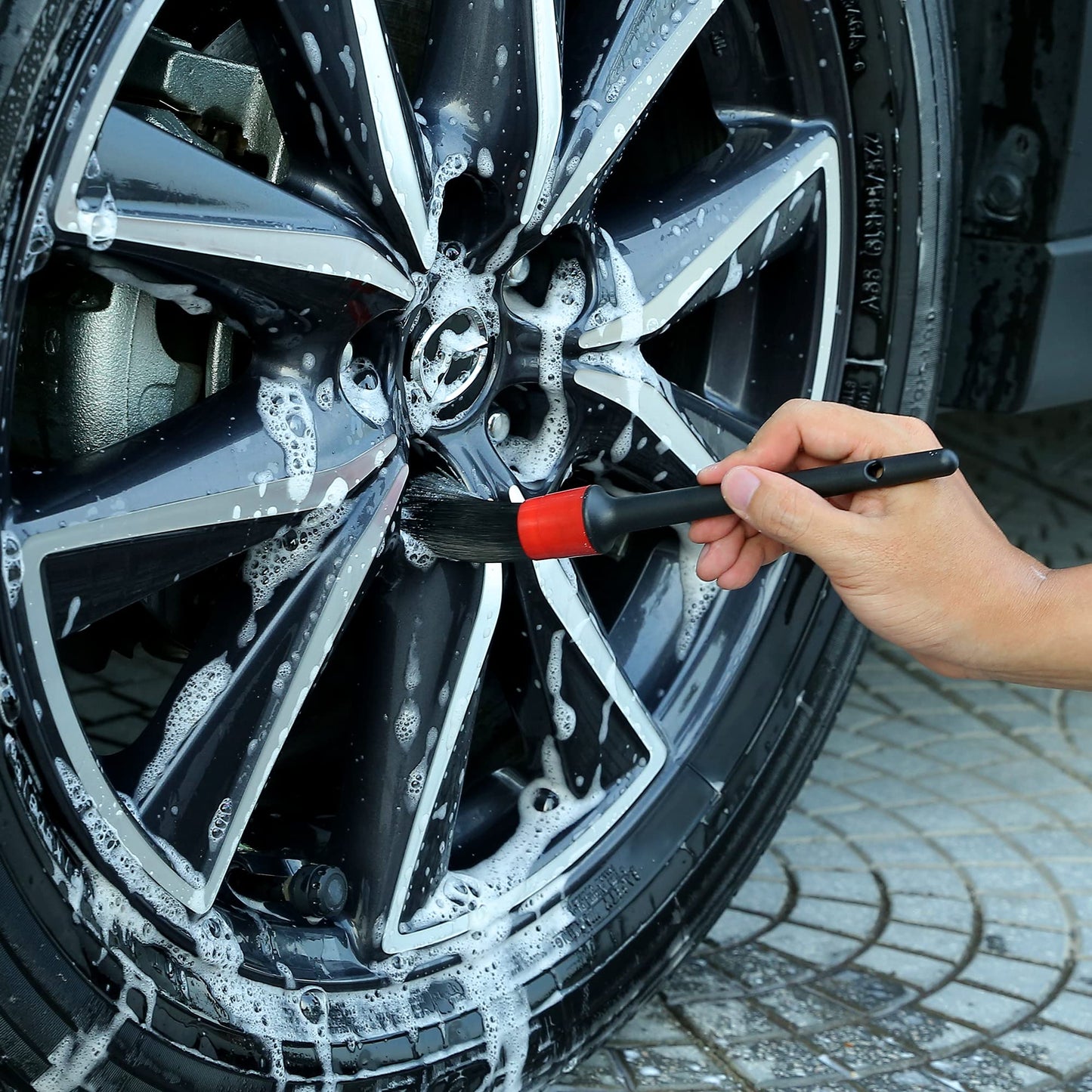 TAKAVU Wheel Tire Brush - Soft Bristle with Short Handle, Included Detailing Brush - Car Cleaning Kit for Rims, Tires, Interior Vents, Emblems - Scratch Safe