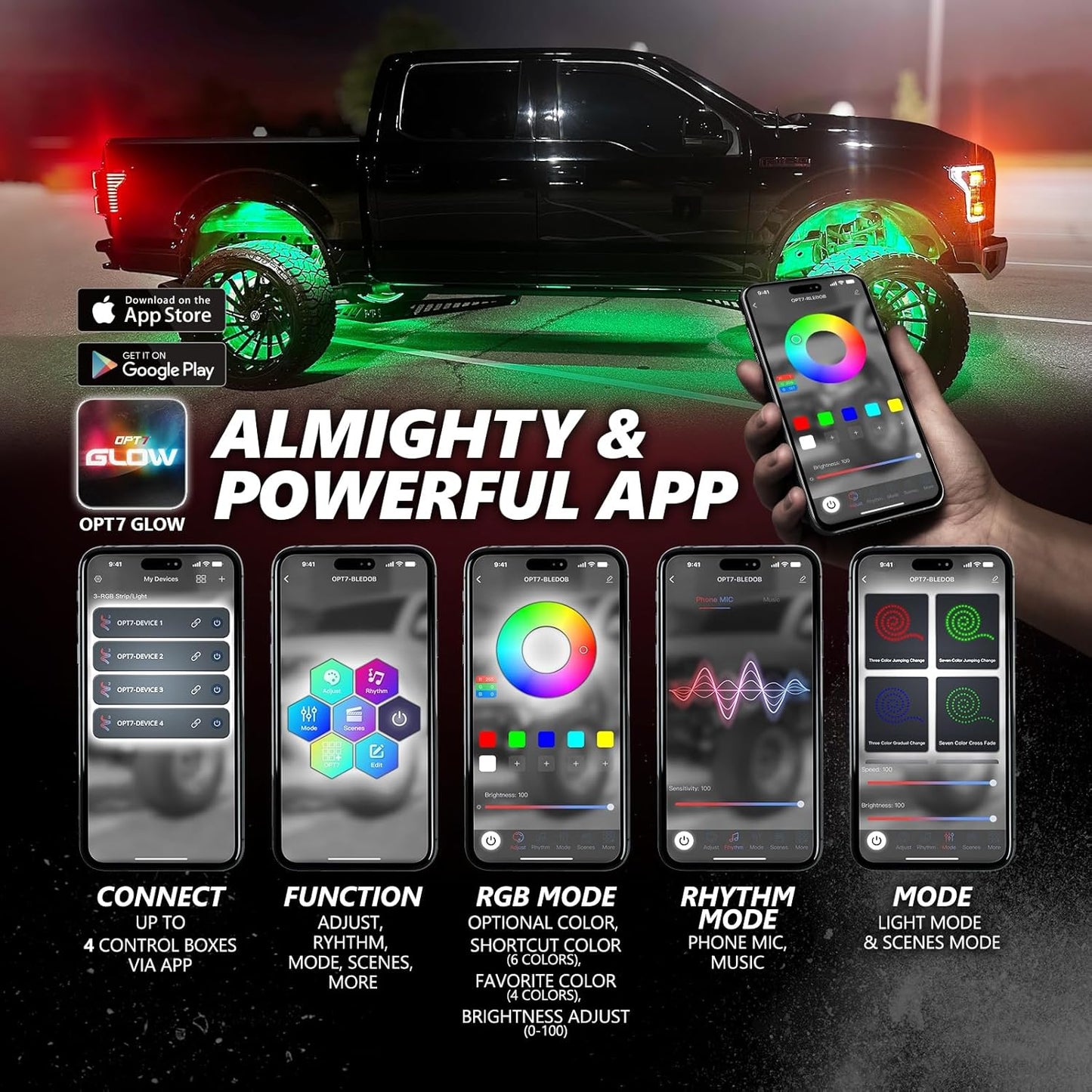 OPT7 Photon RGB LED Magnet Rock Lights with APP & Remote Control, 8 Black Pods Wide Angle Multicolor Neon Underglow Lighting Kit with Extension Wire, IP68 Waterproof for Offroad Truck Jeep RZR ATV UTV