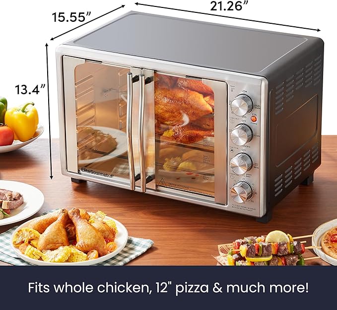 Elite Gourmet ETO4524 45L Countertop Convection Toaster Oven, French Doors, Adjustable Temperature & Timer, Bake, Roast, Broil, Toast, Includes Baking Pan, Rack, Rotisserie, Stainless Steel