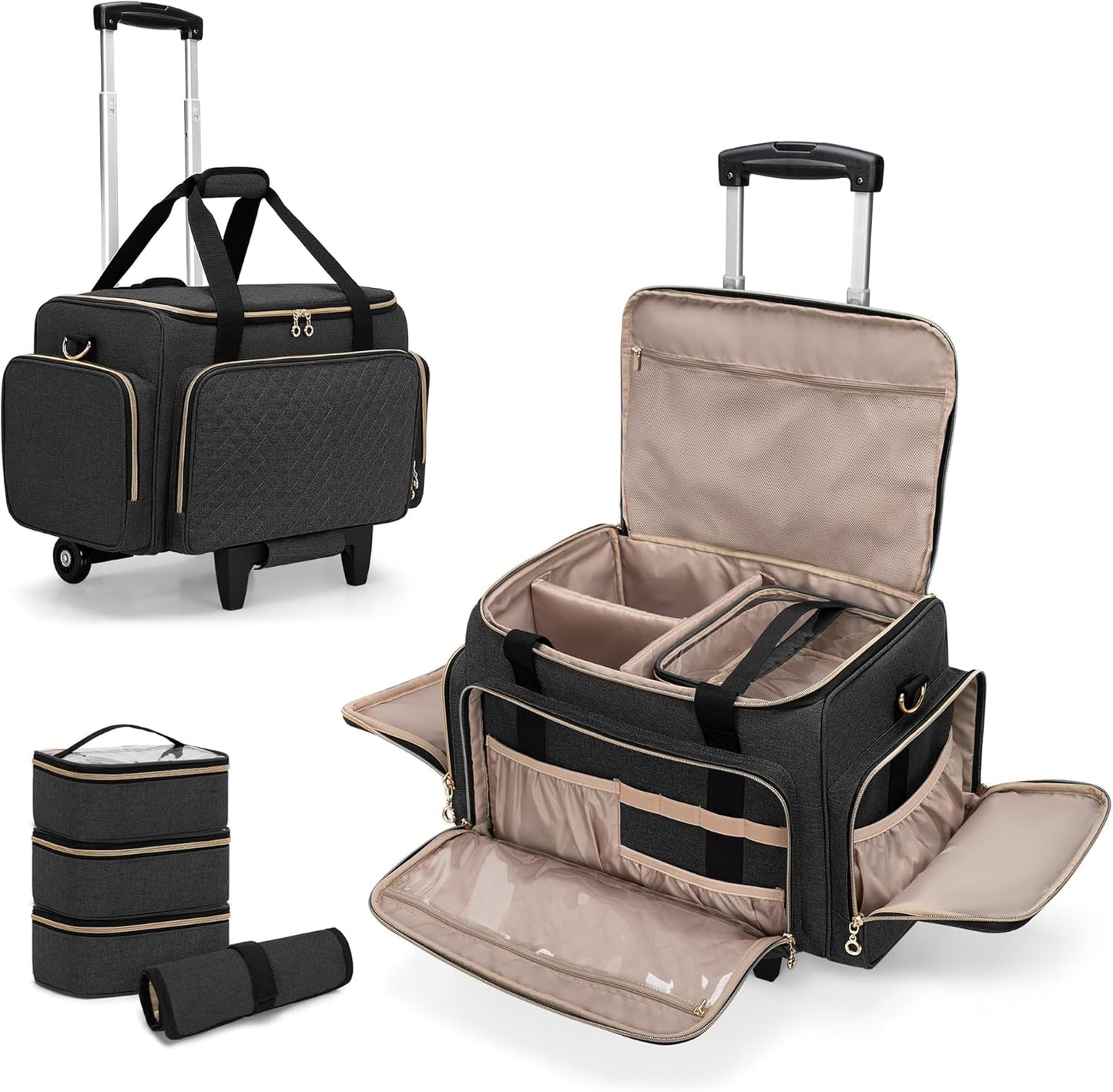 LUXJA Rolling Makeup Case with 3 Removable Pouches and 1 Makeup Brush Bag, Large Makeup Bag Cosmetic Bag with Detachable Dolly (Patented), Black