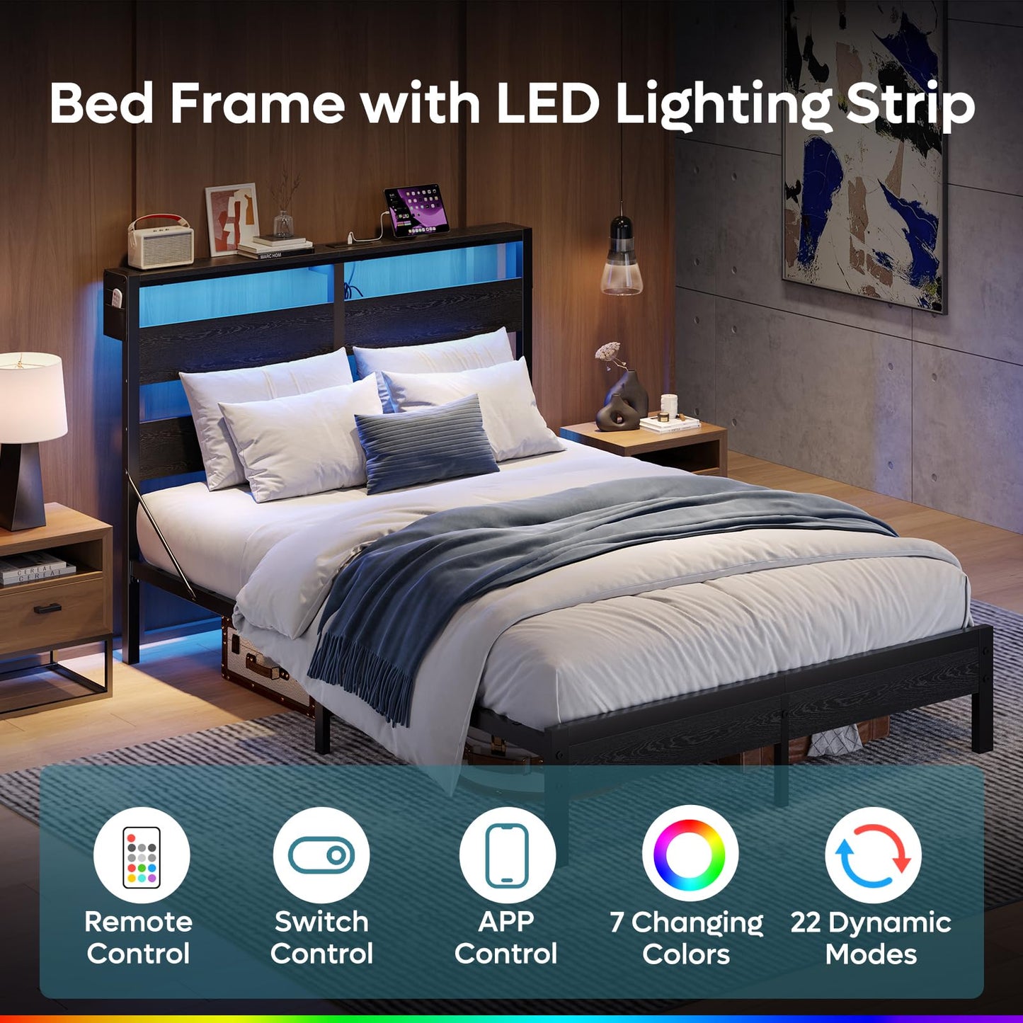 Bestier Queen Bed Frame with Headboard Storage and Charging Station, Black Platform Bed Frame with LED Light, Non-Slip Metal Bed Frame Queen Size, Noise-Free, Easy Assembly, Black