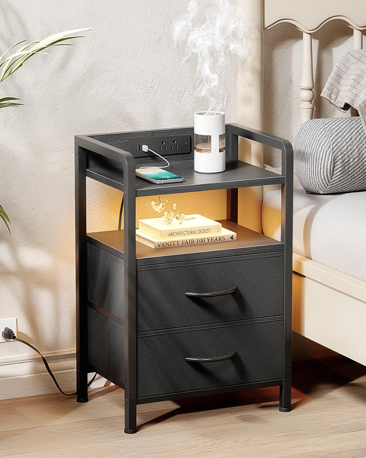 Lazzanto Night Stand Bedside Charger Bedroom - Nightstand with Charging Station & LED Light Strip, Night Stand with Storage Shelf & 2 Fabric Drawers, Morden End Table with U-S-B Ports & AC Outlets