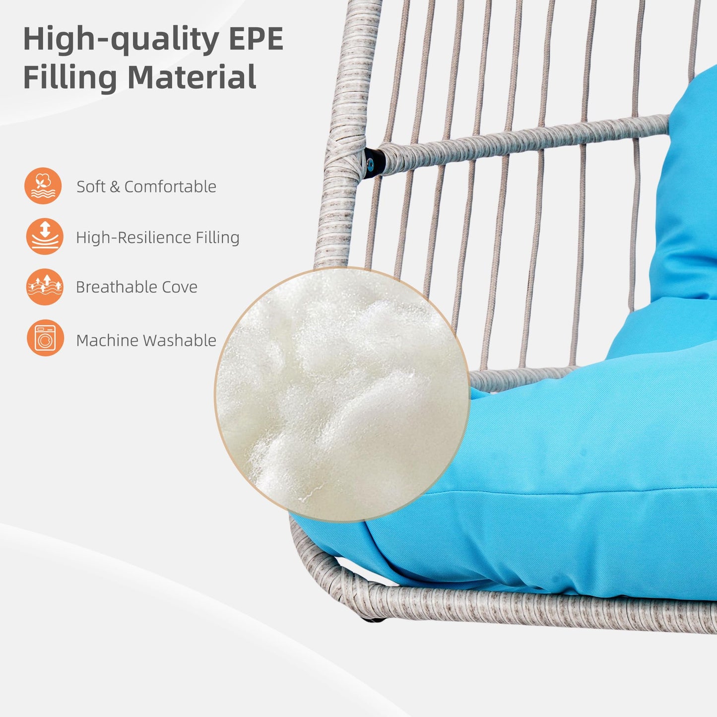 Foldable Hanging Egg Chair with Stand, HDPE Rattan and Heavy Duty Aluminum-Steel Frame, Outdoor Patio Wicker Swing Egg Chair with Headrest and Cushioned, 350 Lbs Capacity (Blue)