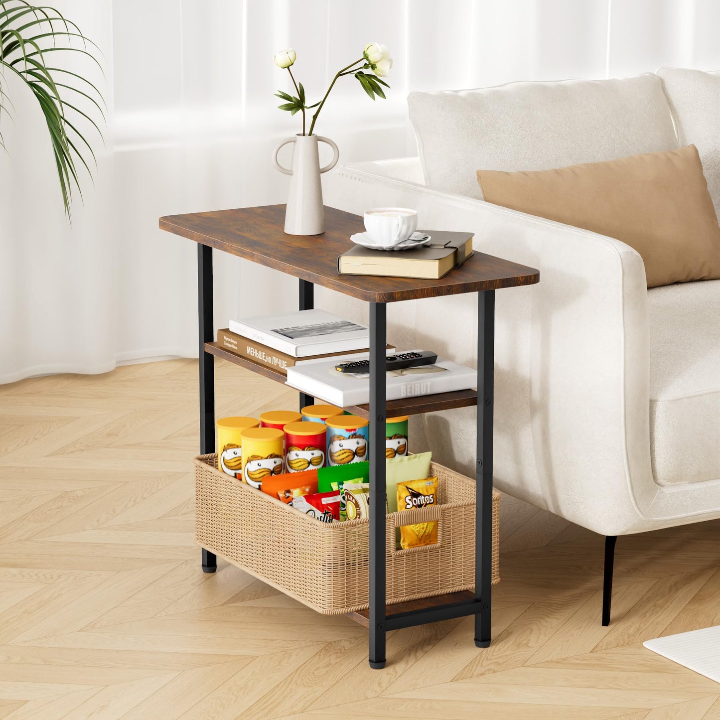 SLEEPING LAMB Side Table for Living Room, 3-Tier End Table for Small Space with Wide Storage Tabletop, Rustic Brown Narrow Nightstand for Bedroom, Sofa Couch