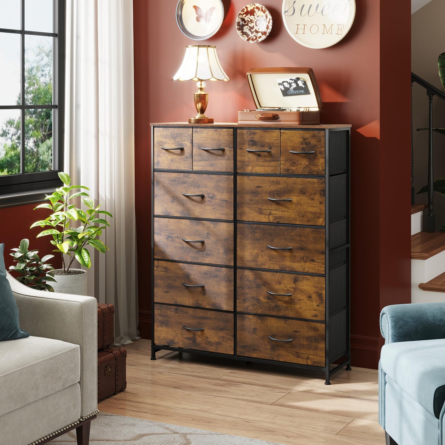 WLIVE Tall Dresser for Bedroom with 12 Drawers, Chests of Drawers, Fabric Dresser for Bedroom, Closet, Fabric Storage Dressers with Drawers, Steel Frame, Rustic Brown Wood Grain Print