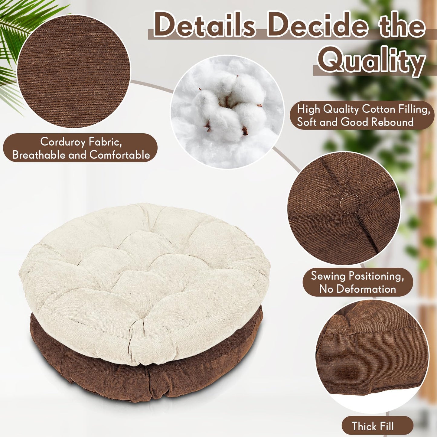 Jerify 4 Pcs Floor Pillow Cushions 22 x 22 Inch Round Square Large Meditation Floor Pillow for Classroom Adult Meditation Picnic Party Cushion for Seating Gift Christmas(Brown,Round)