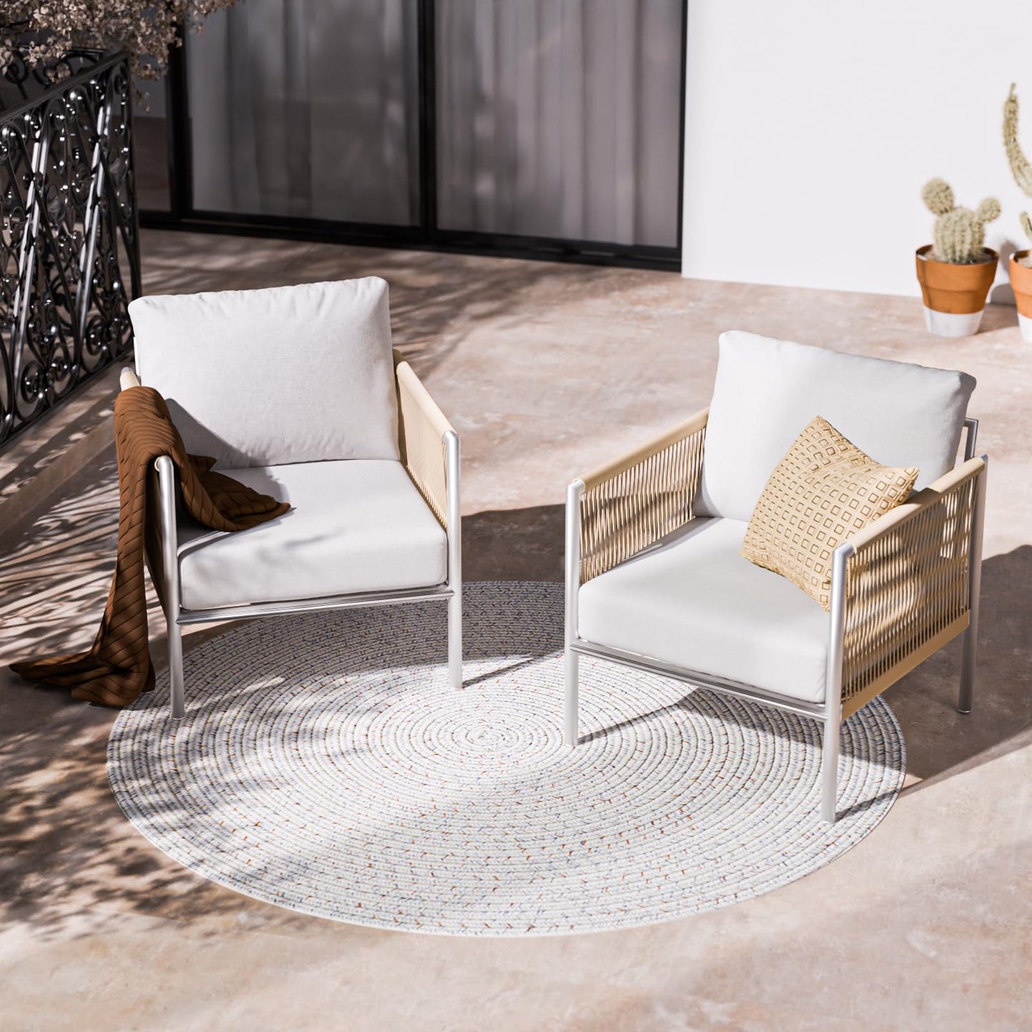 ZANDOR Aluminum Outdoor Front Porch Furniture Armchair 2 Sets, HDPE Woven Rope Rattan Bistro Patio Sofa Chair, Indoor Sectional Conversation Balcony Seat, Thick Cushion Wicker Backyard Sofa, Silver