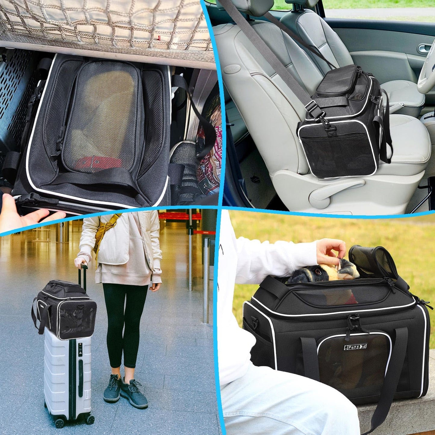Petskd Top-Expandable Pet Carrier 17x11x9.5 Inches Alaska Airline Approved, Soft-Sided Carrier for Small Cats and Dogs with Locking Safety Zippers and Anti-Scratch Mesh(Black)