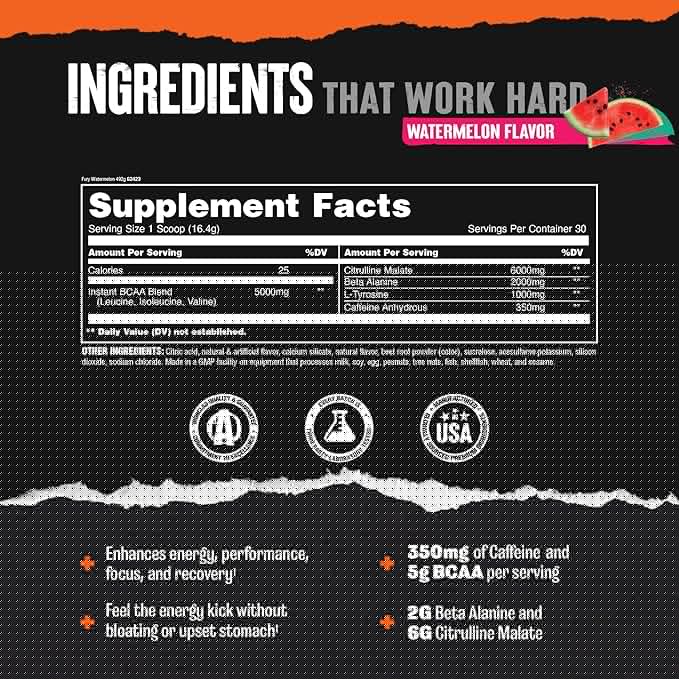 Animal Fury Pre Workout Powder Supplement for Energy and Focus 5g BCAA 350mg Caffeine Nitric Oxide Without Creatine Powerful Stimulant for Bodybuilders, Watermelon