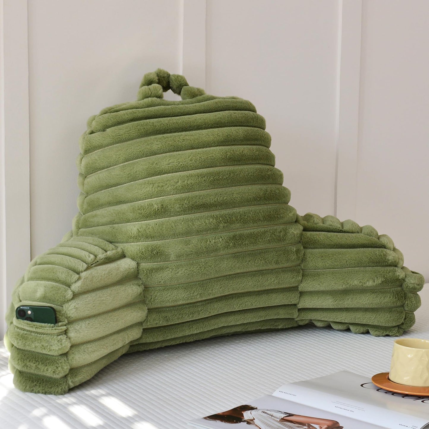 Yaoshuho Large Reading Pillow for Adults, Back Support Pillow for Sitting Up in Bed with Arms, Couch for Lounging Bedrest, Sage