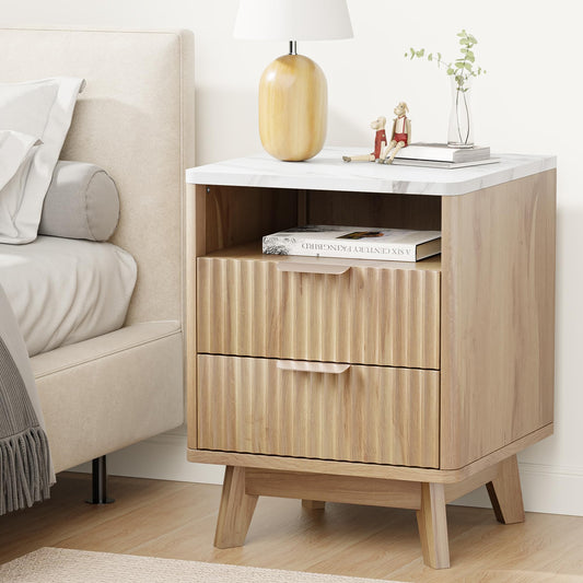 HOCAT Fluted Nightstand with 2 Drawers, 18" Modern Bed Night Stand with Faux Marble Top, Open Storage Shelf, Curved Edge Bedside Table for Bedroom, Living Room End Side Table, Natural Oak