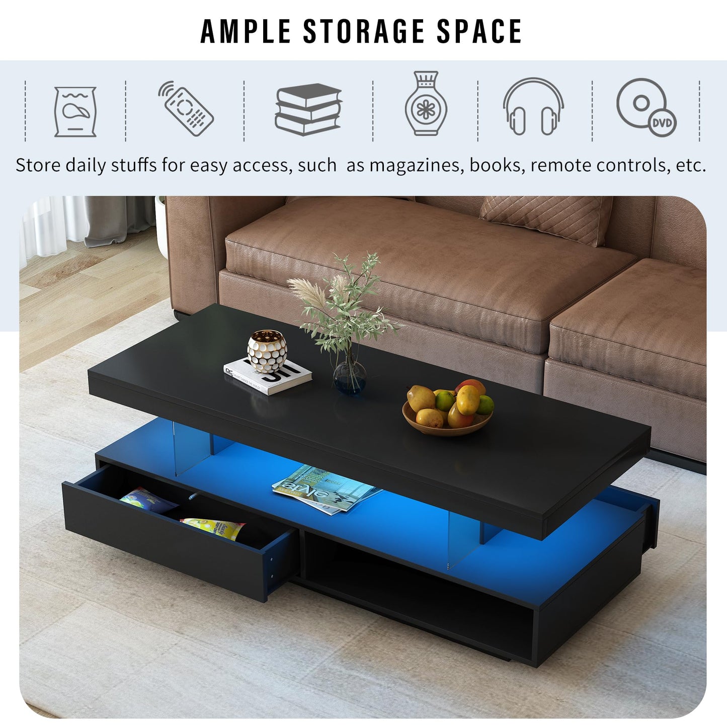 LUMISOL High Gloss Coffee Table with 16 Colors LED Lights, UV Cocktail Table with 2 Drawers and Display Shelf, Modern Center Table for Living Room, Black