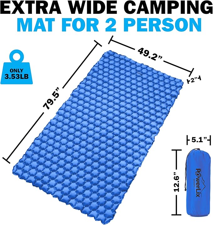 POWERLIX Double Sleeping Pad - Ultralight 2 Person Camping Mattress for Backpacking, Hiking, Compact Inflatable Sleeping Mat, Easy to Inflate Portable Camping Pad Air Mattress