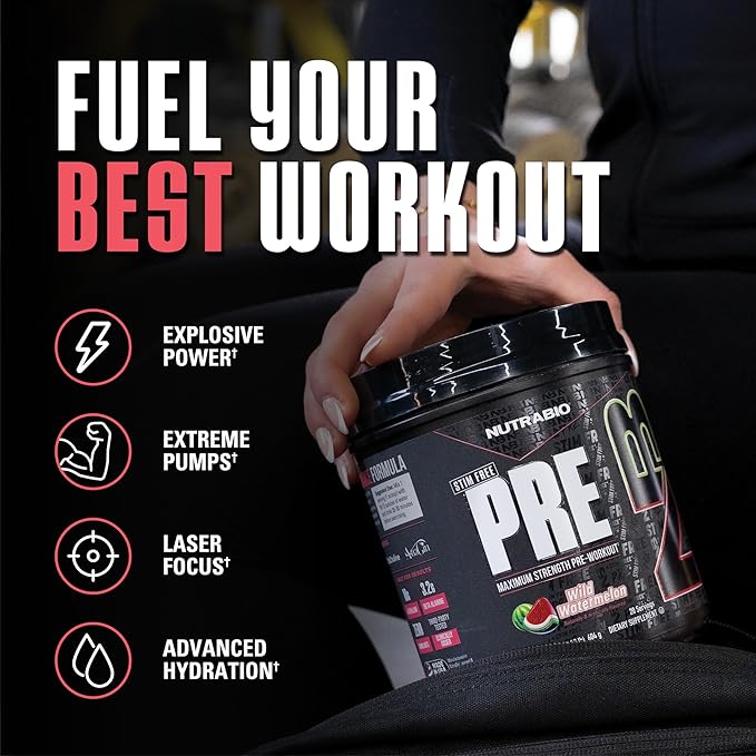 NutraBio STIM-Free PRE Workout for Men, New Formula | Laser Focus, Extreme Pumps | Performance, Endurance | 10g Citrulline, Beta Alanine, Nitrates, Nootropics, Electrolytes - 20 Servings Watermelon