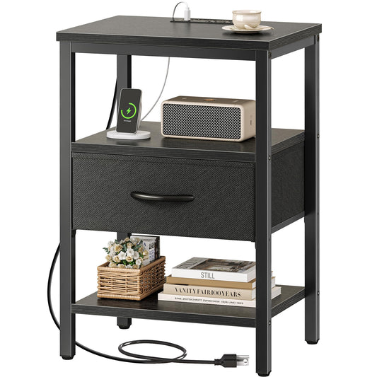 SUPERJARE Nightstand with Charging Station, Bed Side Table with Adjustable Fabric Drawer, Night Stand for Bedroom, 3-Tier Storage End Table, for Living Room, Black