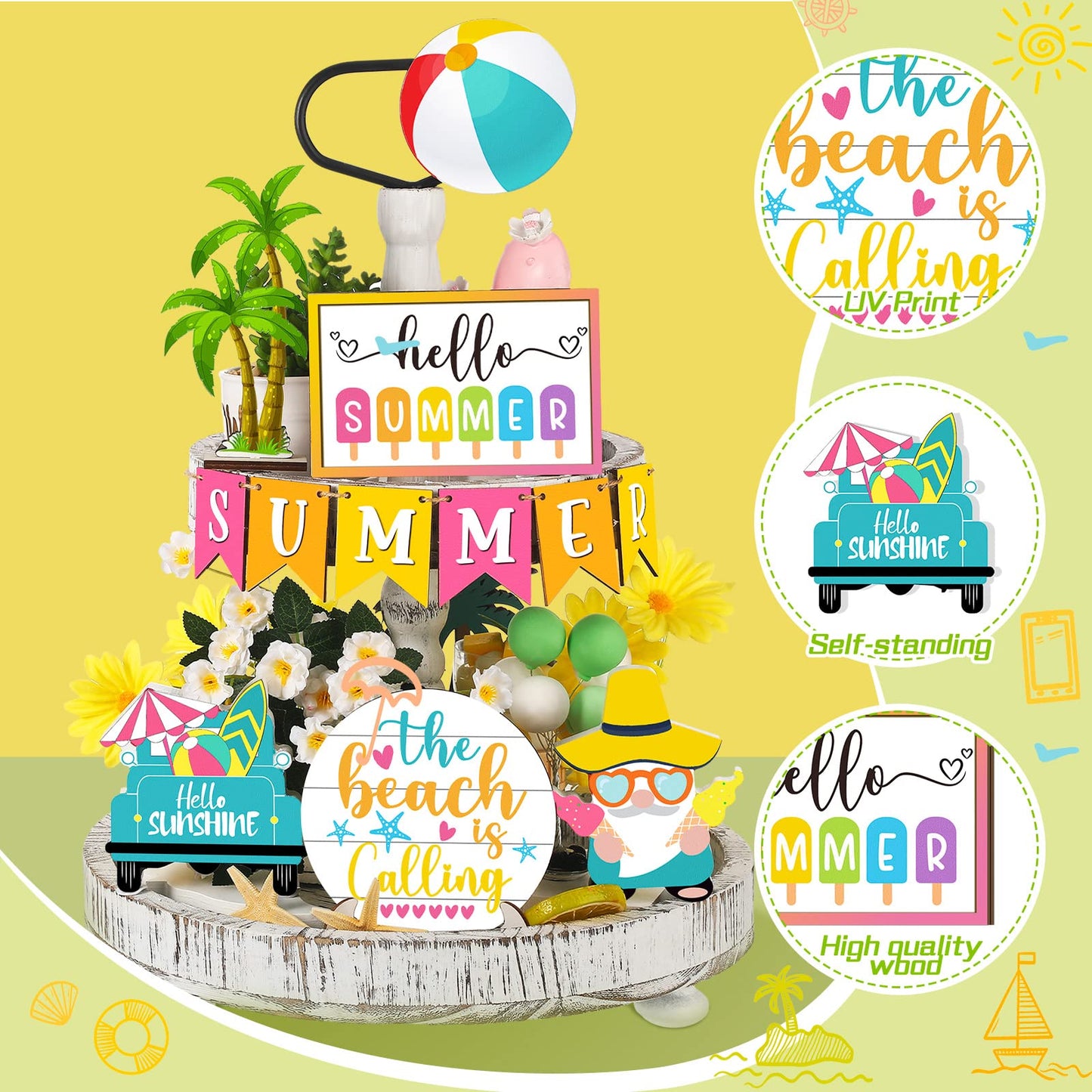12 Pcs Tiered Tray Decor Set - Hello Summer Hawaii Farmhouse Rustic Beach Gnome Wood Sign Items for Home Table Kitchen Shelf Decor