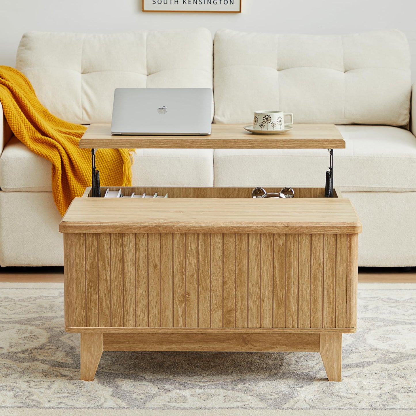 NVETHM Lift Top Coffee Table, Square Coffee Table with Hidden Storage Compartment, Farmhouse Wood Center Table Dining Table for Living Room, Bedroom, Home Office (Natural)