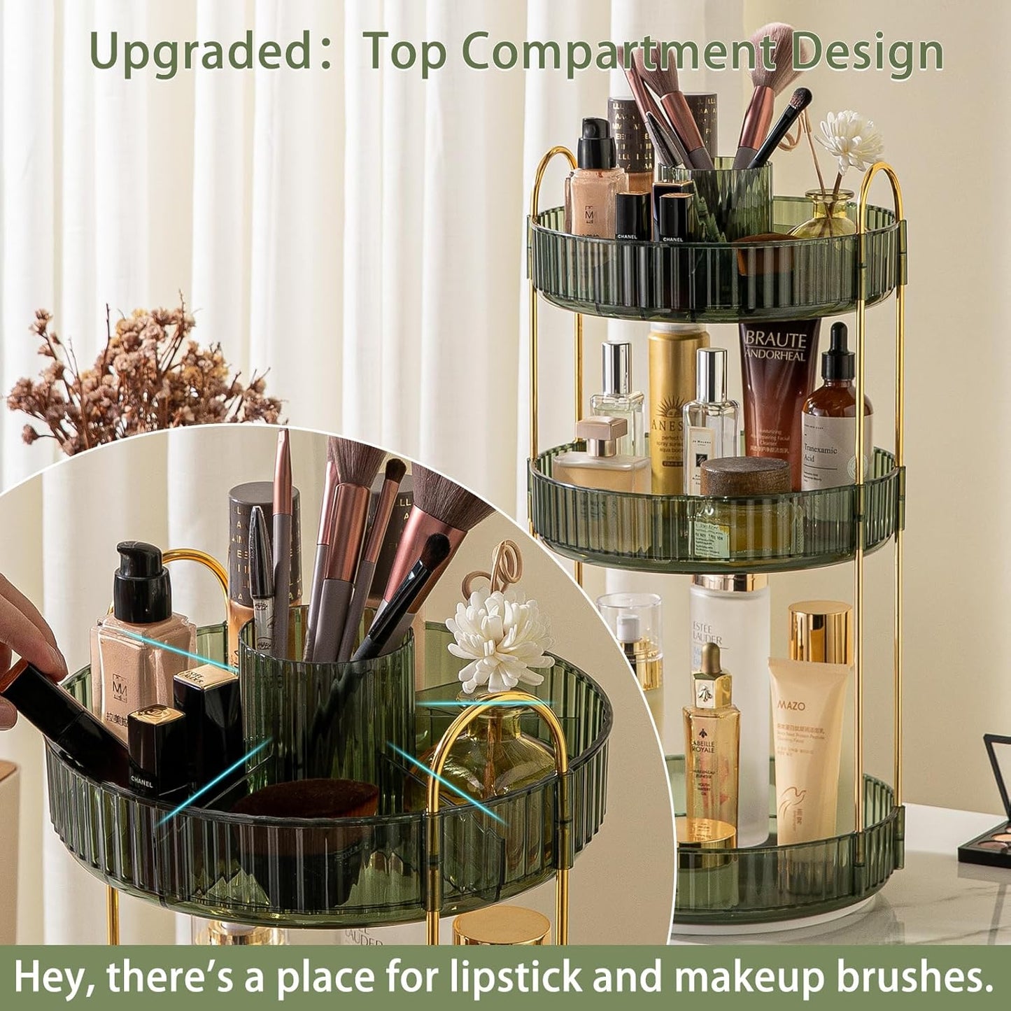 Rotating Makeup Organizer for Vanity, High-Capacity Skincare Clear Make Up Storage Perfume Organizers Cosmetic Dresser Organizer Countertop 360 Spinning (Green, New-3 Tier)