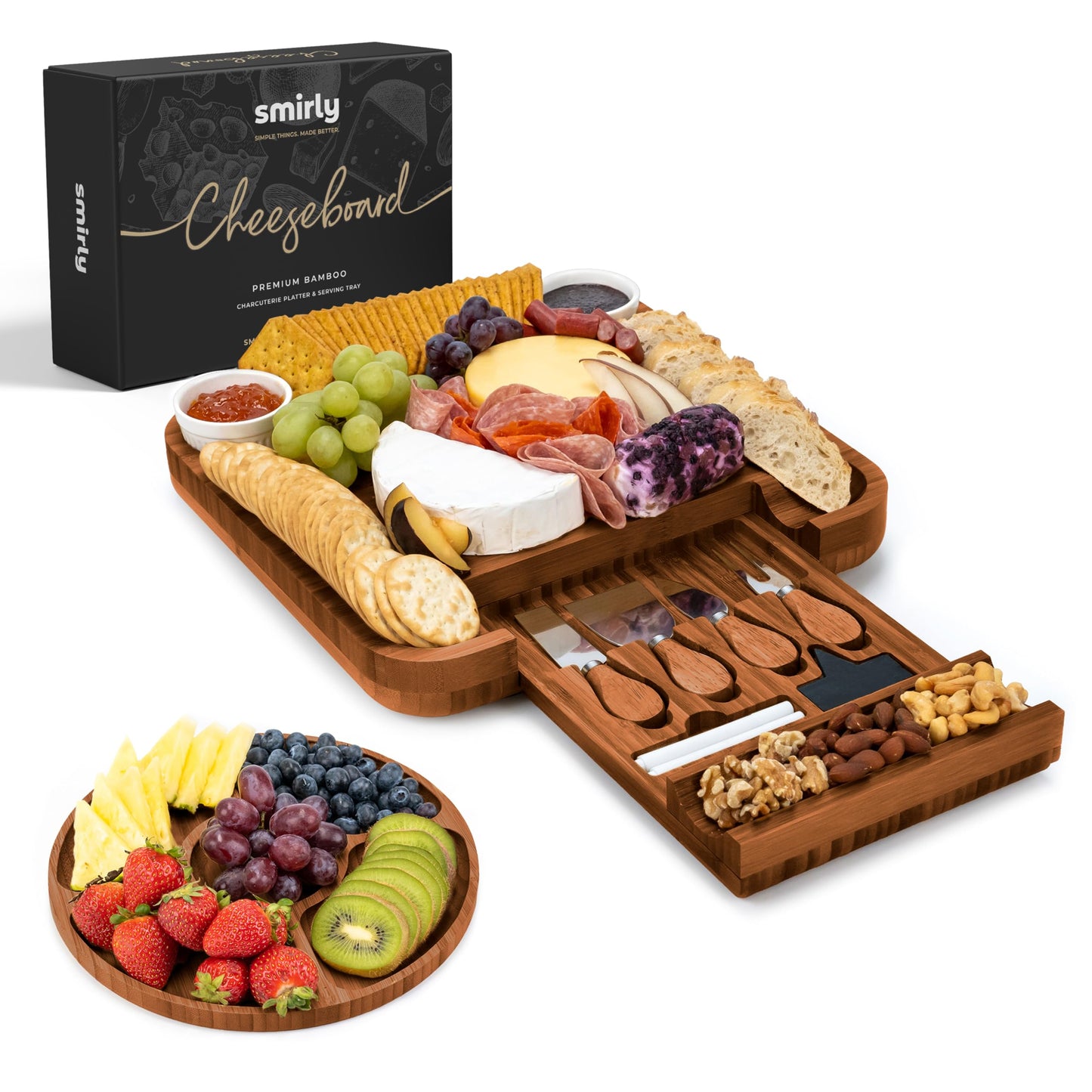 Smirly Charcuterie Board Set - Large Bamboo Cheese Board for Serving - House Warming Gifts New Home, Wedding & Bridal Shower Gift, Birthday Gift for Women