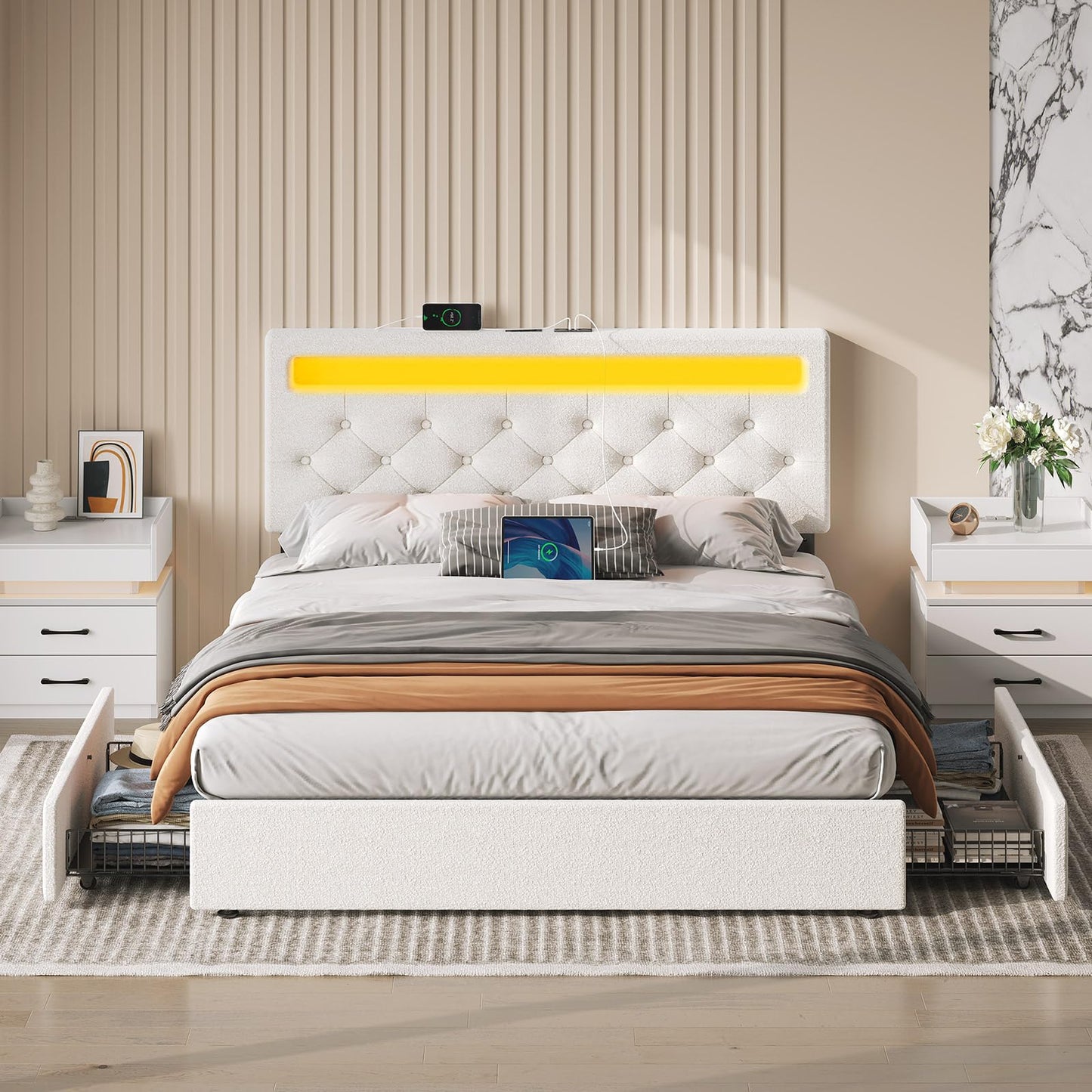 Rolanstar Full Size Bed Frame with Charging Station and LED Lights, Upholstered Bed with Adjustable Headboard and 4 Storage Drawers, No Box Spring Needed, Easy Assembly, White
