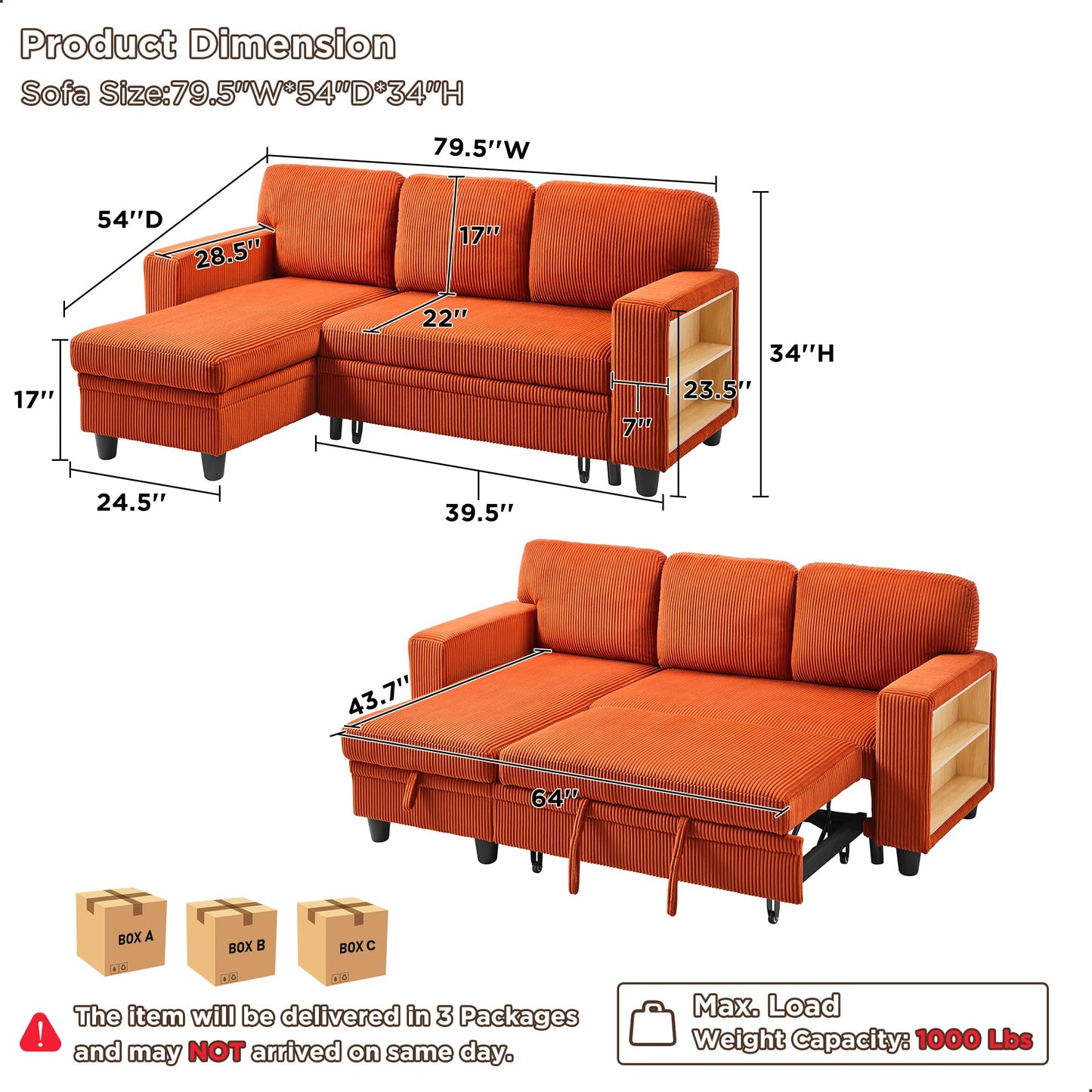 RedLemon 80'' Sleeper Sofa Bed,L-Shaped Sectional Corduroy Couch with Storage Chaise,2 Built-in Bookshelves and USB Charging Port - Comfy Sofa for Living Room, Apartment, Caramel