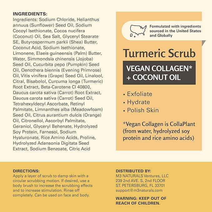 Exfoliating Turmeric Scrub and Skin Exfoliator with Collagen and Coconut Oil, Gently Exfoliates Face, Body, Hands, and Feet, Moisturizing Skincare, 16 oz by M3 Naturals