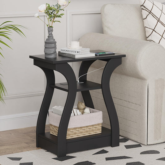 FROMJBEST End Table with Charging Station, Side Table with USB Ports and Outlets, Nightstand, 3 Tier End Table with Storage Shelf for Living Room, Bedroom (Black)