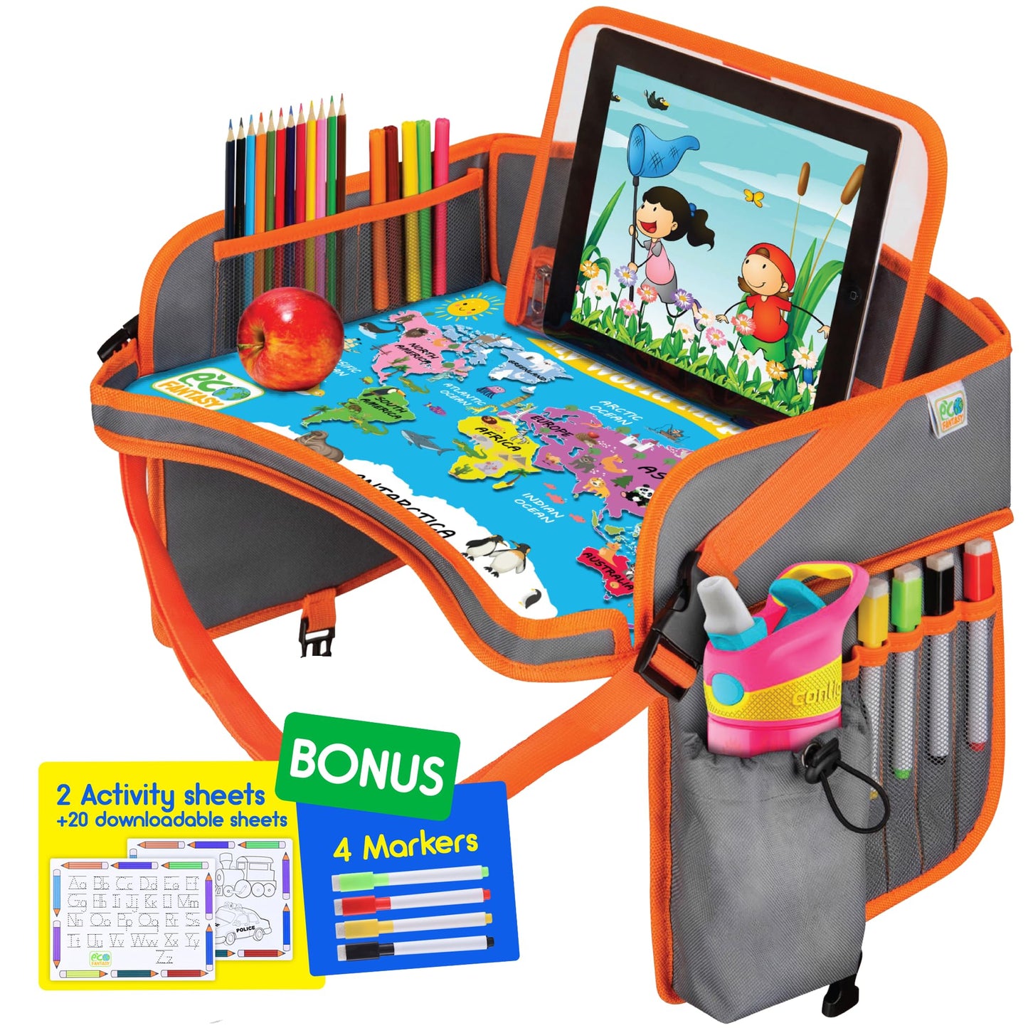 Car Seat Tray for Toddler - Waterproof Carseat Table Top - Kids Travel Tray - Travel and Road Trip Essentials Kids - Lap Desk with Storage -Baby Airplane Travel Accessories (Black)