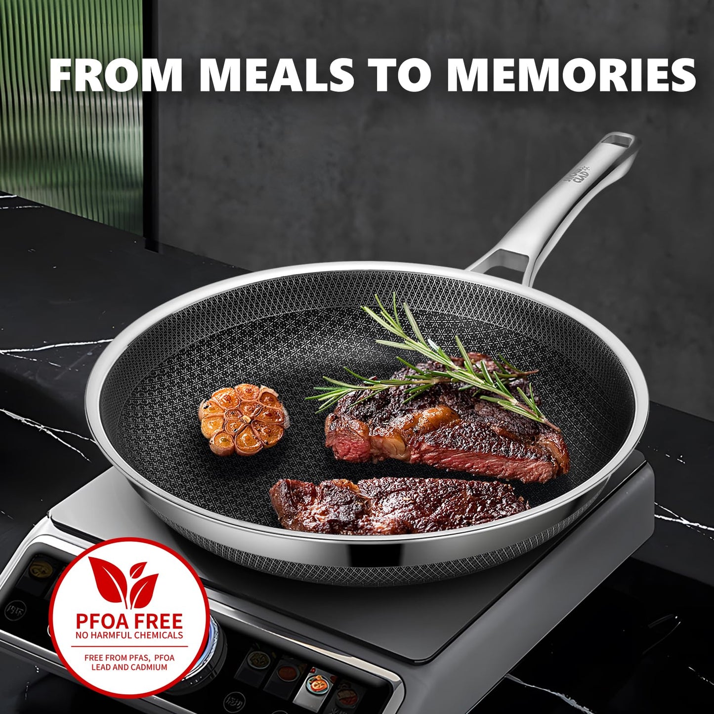 OATOFP Non Stick Frying Pans with lid, 12 inch Hybrid Frying Pans Nonstick,non stick Stainless Steel Skillets, Dishwasher and Oven-Safe Chef Pan, Induction Compatible Cooking Pan, PFOA Free Cookware