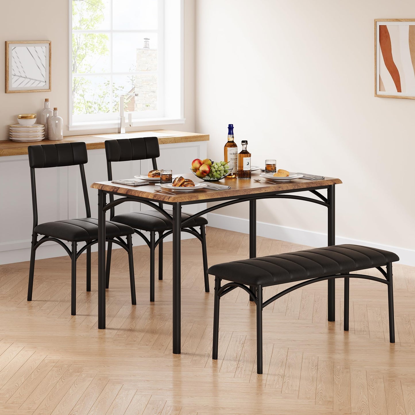 GarveeHome Dining Table Set for 4, Kitchen Table with Upholstered Chairs and Bench, Wood Rectangular Dining Table and Chairs Set for Small Space, Apartment, Dinner, Rustic Brown