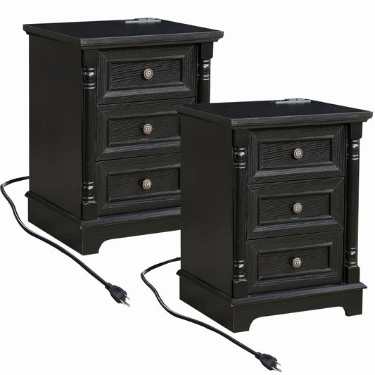 OKYCI Modern Nightstand Set of 2 with Charging Station, 3 Drawer Bedside Tables Set with Roman Column Design, Wood End Tables Set of 2 for Bedroom, Black