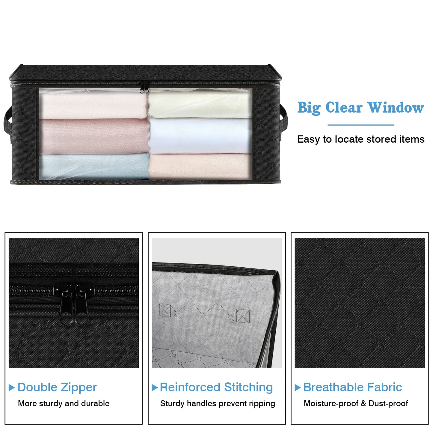 HomeHacks 6-Pack Clothes Organizer Storage Bags Foldable Storage Box with Large Clear Window Sturdy Handles for Closet, Dorm, Pillows, Bedding, Clothes, Stuffed Toys, Blankets, 35L, Black