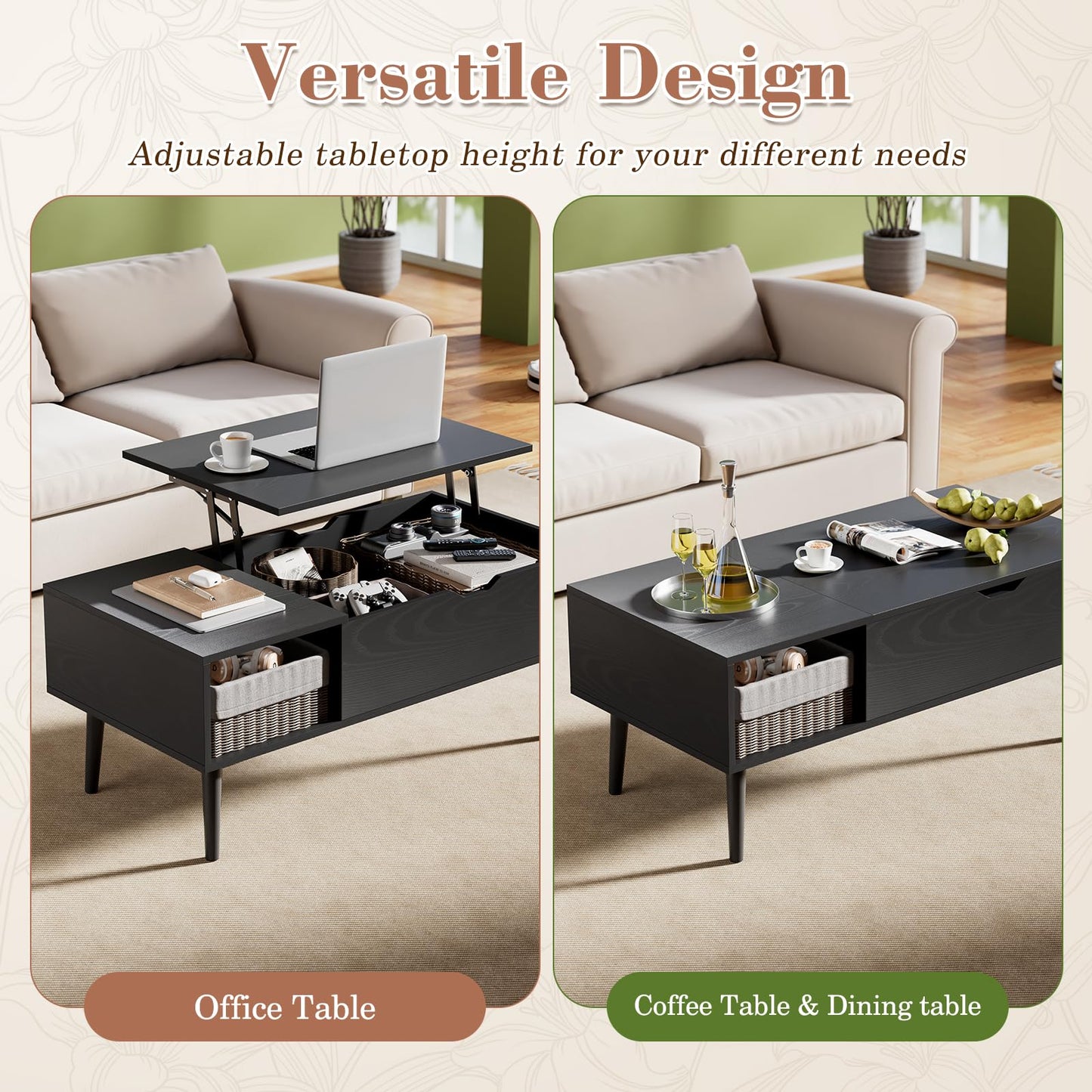 OLIXIS Wooden Coffee Table, Lift Top Coffee Table with Large Hidden Compartment and Ample Storage Shelf, Lift Tabletop Dining Table for Living Room, Home Small Space, Charcoal