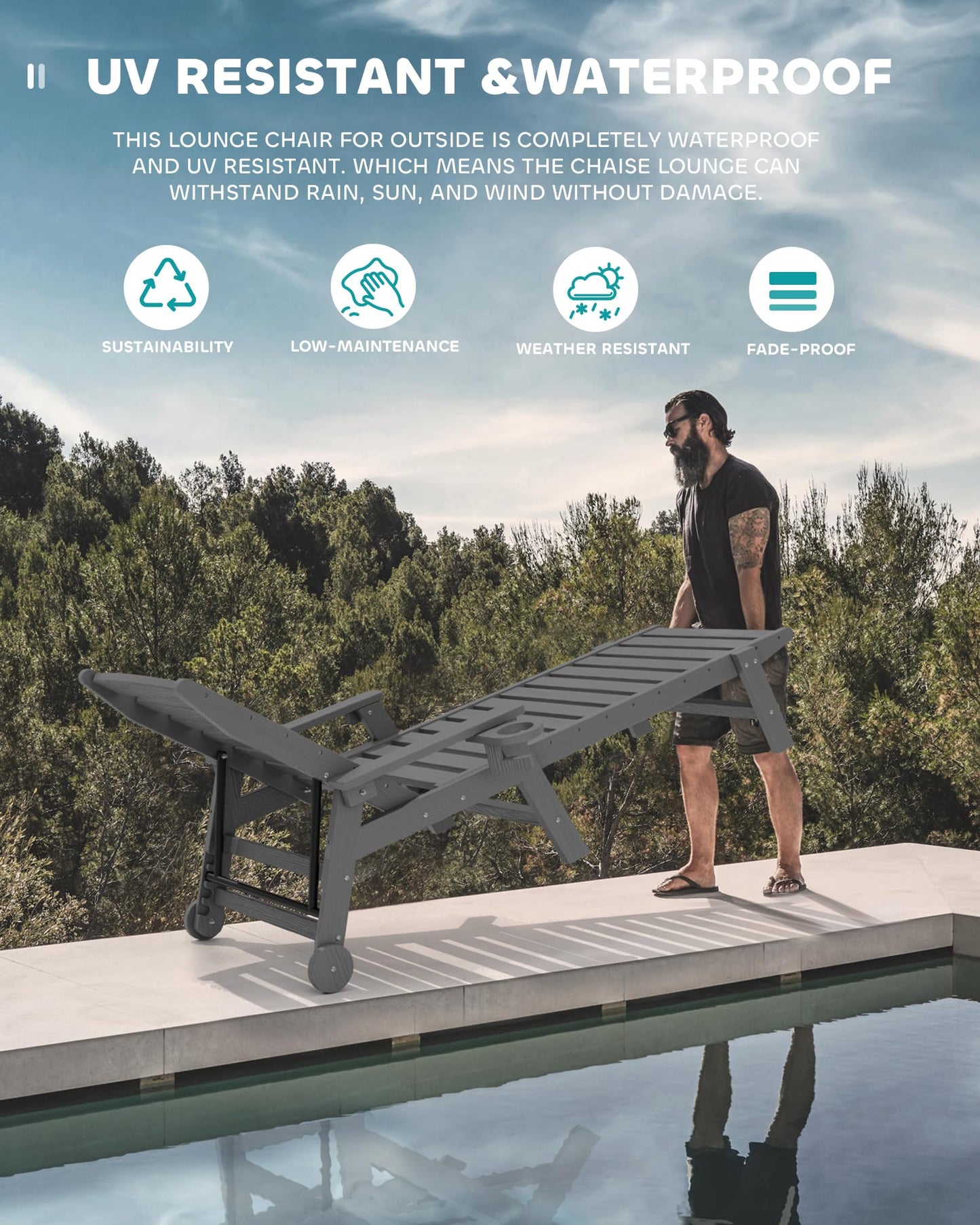 SERWALL Patio Chaise Lounge Chair, 78'' Long HDPE Outdoor Lounge Chair 5 Positions Adjustable Outdoor Lounger, Poly Lounge Chair with Rolling Wheels & Cup Holder for Pool, Slate Gray