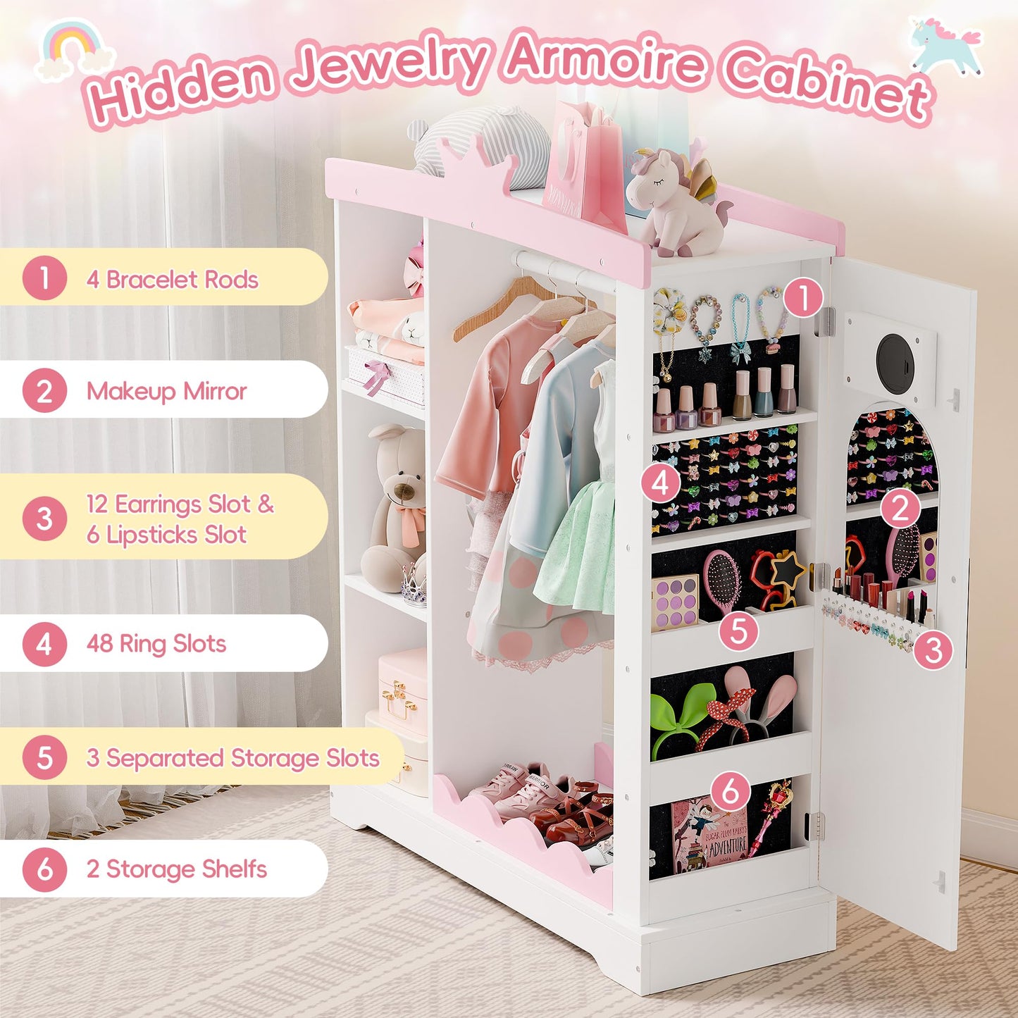 Xilingol Kids Armoire with Jewelry Cabinet, Dress up Storage with Mirror and Shelves, Princess Dress Closet and Costumes Wardrobe Closet, Costume Organizer for Bedroom, Kids Room, Girls (White)