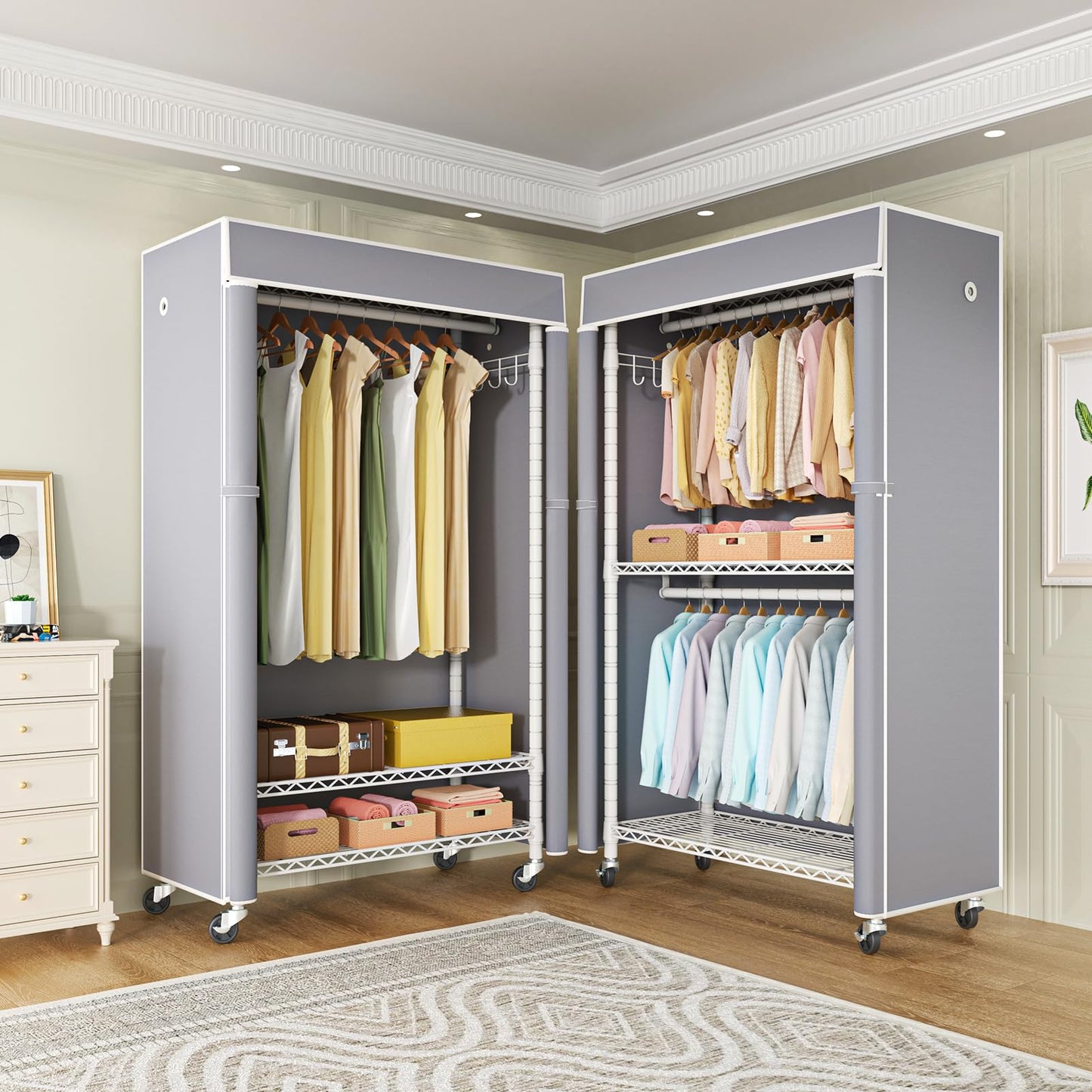FUTASSI White Clothing Rack with Grey Cover, P1C Rolling Closet Rack with Wheels, Metal Garment Rack for Hanging Clothes, Clothing Storage Wardrobe, 36.2" W x 16.5" D x 80.5" H, Load 450 Pounds
