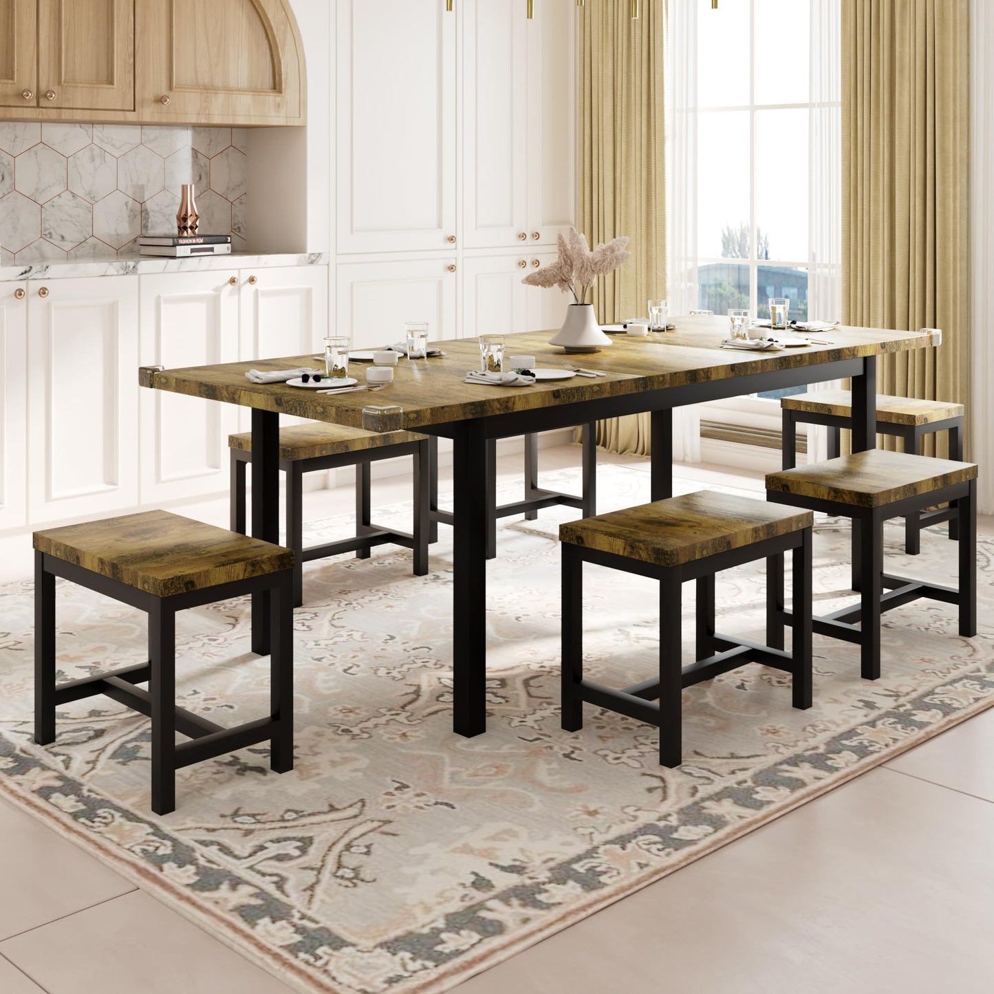 Feonase 7-Piece Dining Table Set with 6 Stools, 63 Inch Extendable Kitchen Table for 4-8, Kitchen Room Set with MDF Board & Metal Frame, Farmhouse Table, Space-Saving, Rustic Brown