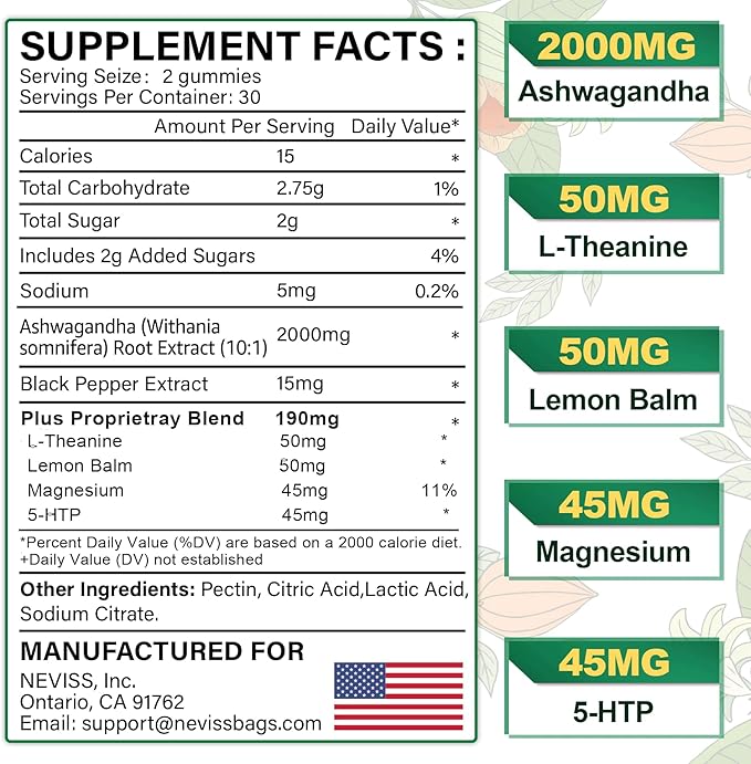 NEVISS Ashwagandha Gummies 2000mg, Feel Refreshed, Plus Proprietary Blend with L-Theanine, 5-HTP, Lemon Balm, Magnesium for Calm, Zzzs & Relaxation Support, 120 Count