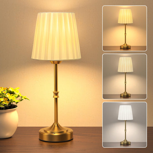 JACKYLED Portables Cordless Table Lamp, 3 Color Light Fabric Shade Vintage Gold Desk Lamp, 5400mAh LED Rechargeable Table Lamp, Dimmable Light for Dining Room, Bedroom Bedside, Entryway Decor, 1 Pack