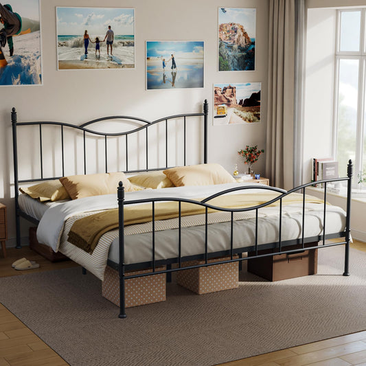 Florise King Size Bed Frame with Headboard,Metal Platform Bed Frame Mattress Foundation with Footboard, Under Bed Storage, Strong Metal Slats Support, No Box Spring Needed, Black