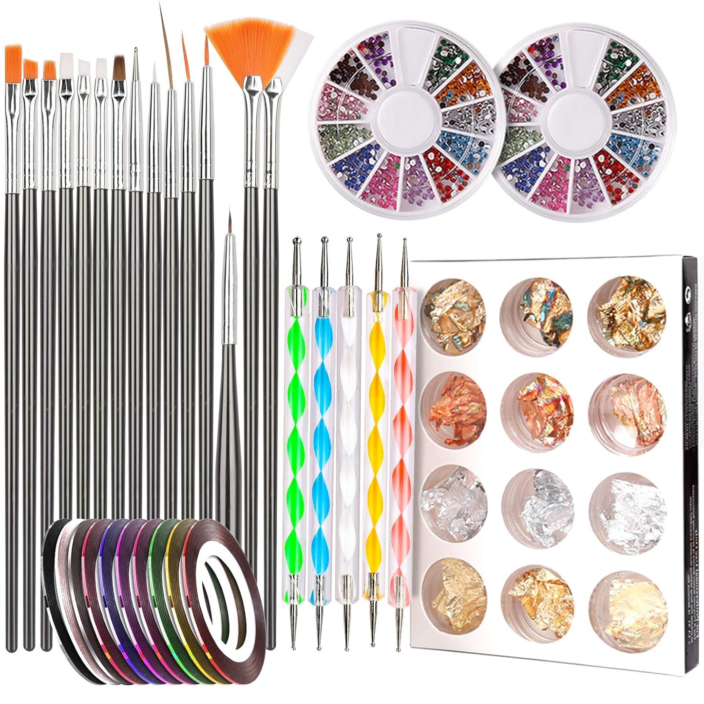 Teenitor Nail Pen Designer,Stamp Nail Art Tool with 15pcs Nail Painting Brushes, Nail Dotting Tool, Nail Foil, Manicure Tape, Color Rhinestones for Nails-Black