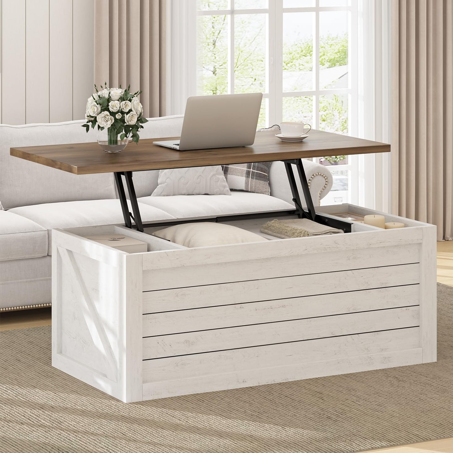 REVOMINCA Farmhouse Coffee Table Lift Top with Storage for Living Room, White Coffee Table with Large Hidden Storage Compartment, 48 Inch White Center Table with Sliding Barn Doors