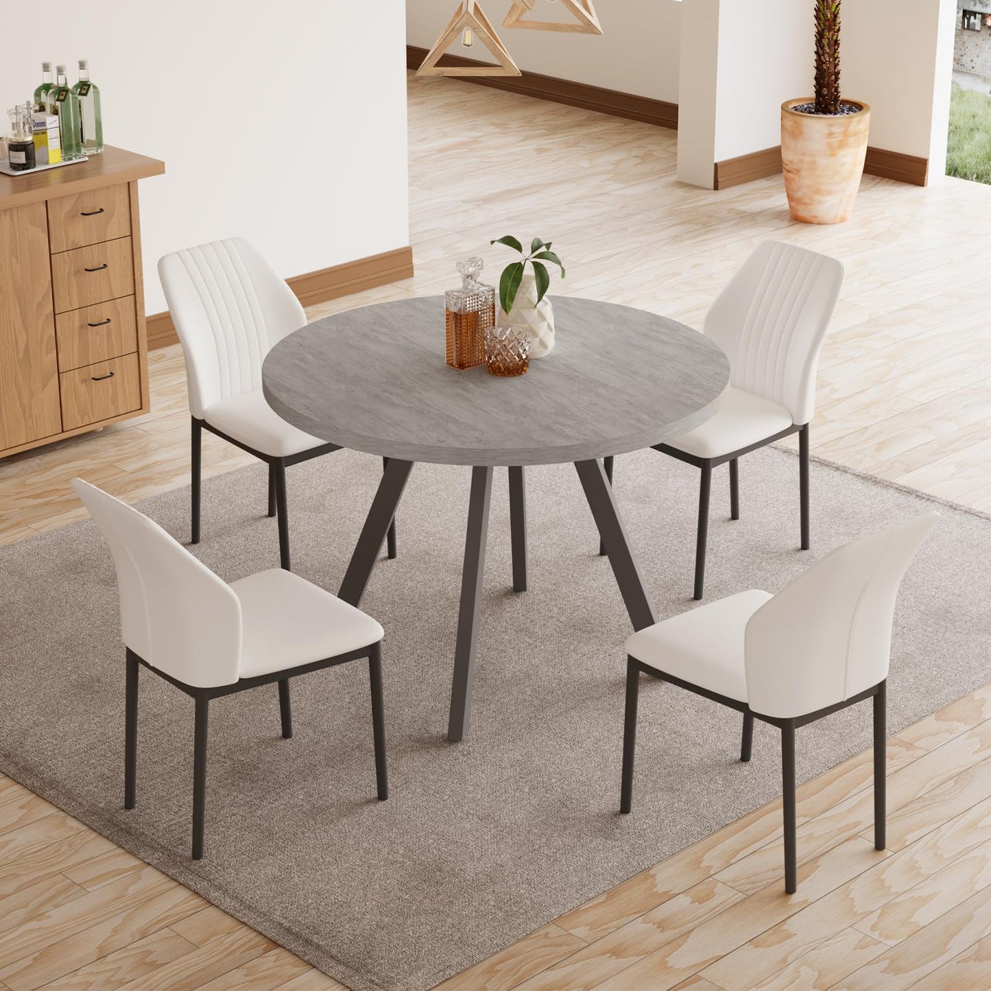 Zerifevni 34.6'' Round Dining Table and Chairs for 4, Mid Century Modern Round Table Set, Space Saving for Apartment Kitchen Dining Room (Grey Table+4 White Chairs)