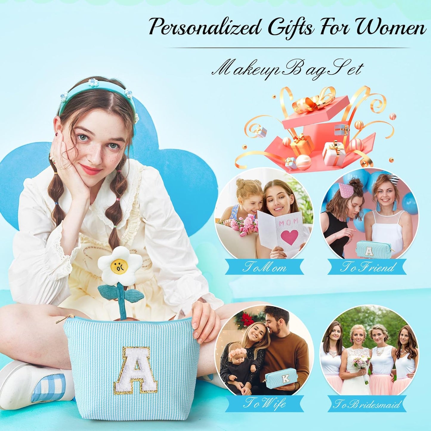 YOOLIFE Skincare for Girls 10-12 - Personalized Initial Makeup Bag丨Cosmetic Bag丨Travel Toiletry Bag丨Birthday Gifts for Women Her Bridesmaid Friend Wife Girlfriend Daughter Teacher Birthday Gifts A