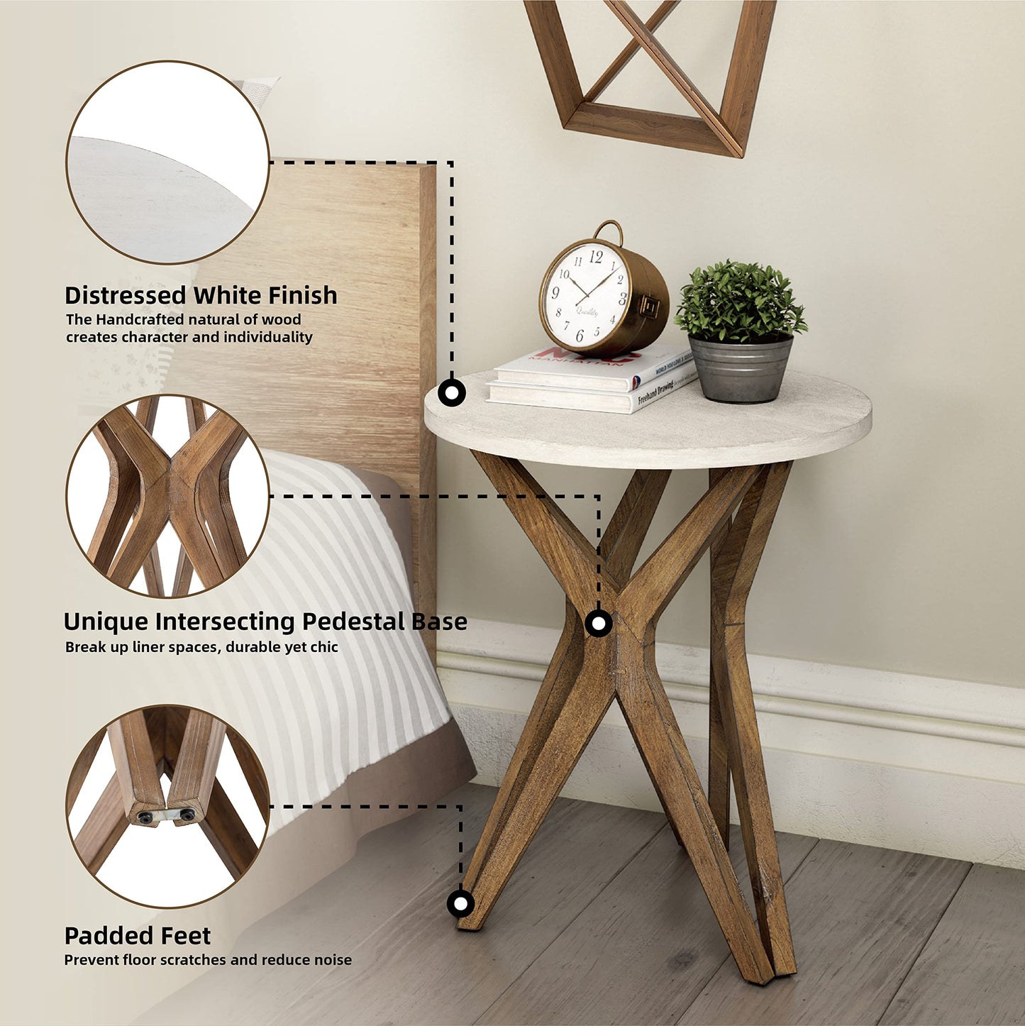 LONYKE Pedestal Farmhouse End Table, Distressed Top with Tripod Base Bedside Table for Living Room, Modern, Boho Decor, Round (1 Pack, White & Walnut)
