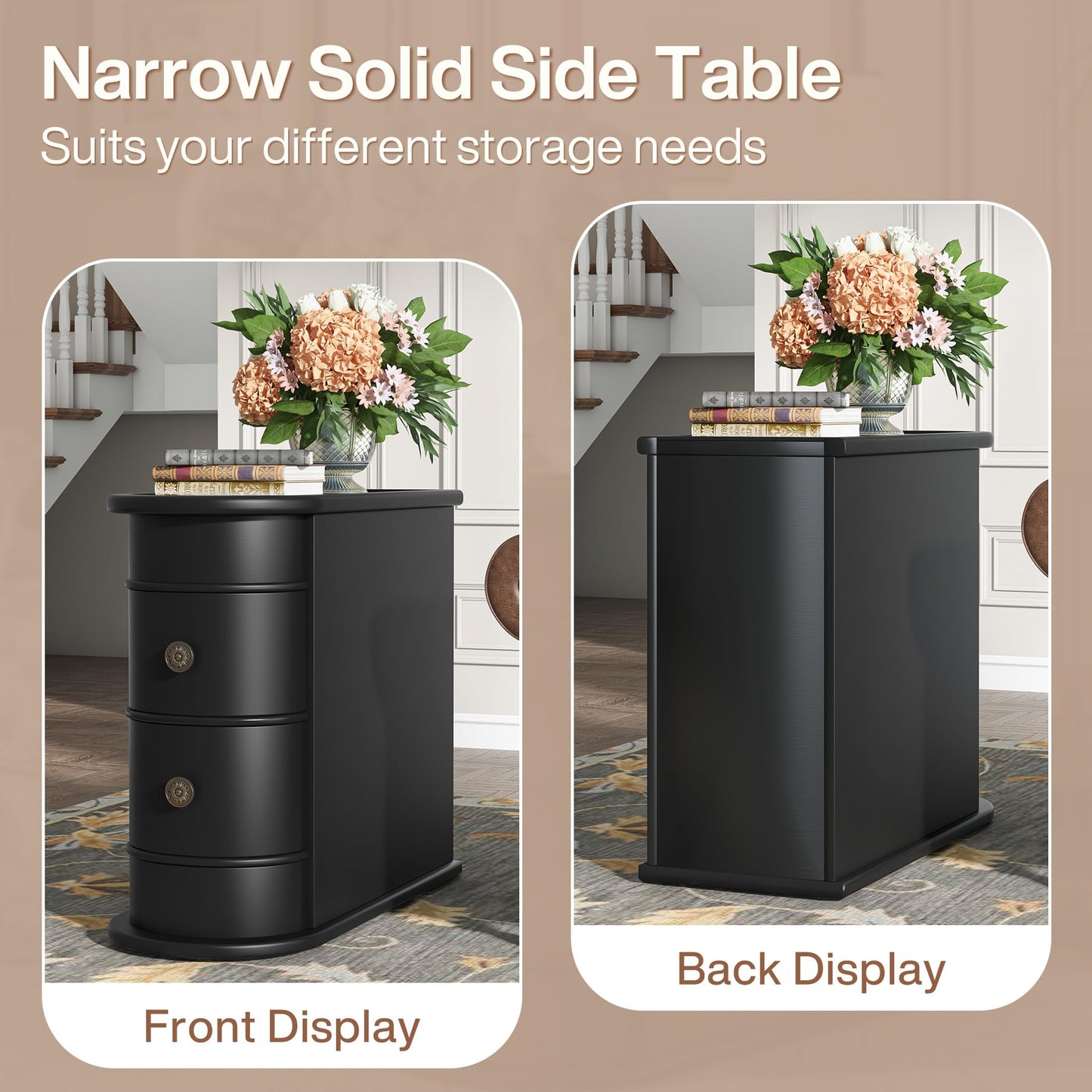 Tribesigns Wood End Table Set of 2, Narrow Solid Side Table 2-Drawer Slim Chair Side Table, No Assembly Required, Finished Back, Black