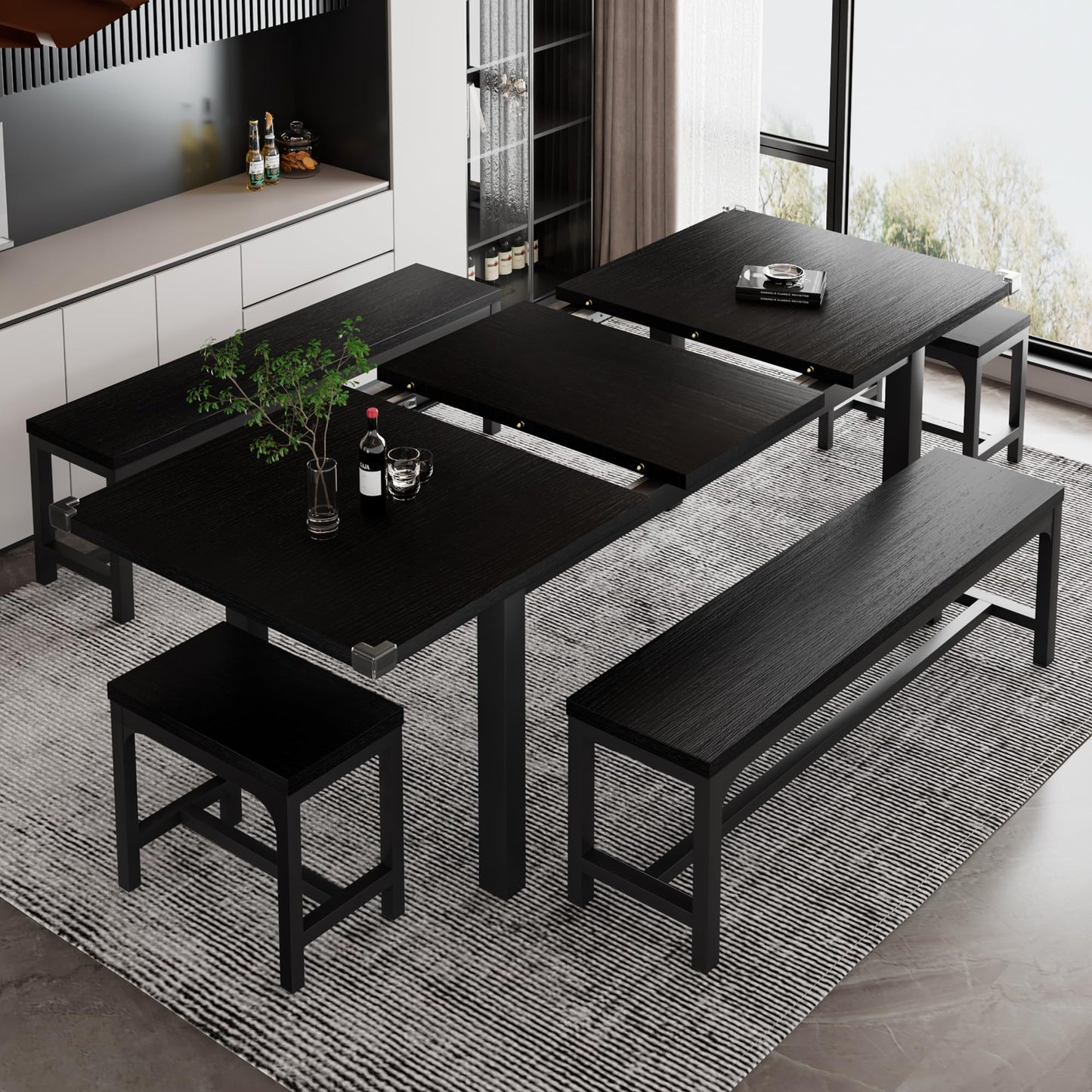 iPormis 5-Piece Dining Table Set for 4-8 People, Extendable Kitchen Table Set with 2 Benches and 2 Square Stools, Mid-Century Dining Room Table with Metal Frame & MDF Board, Saving Space, Black