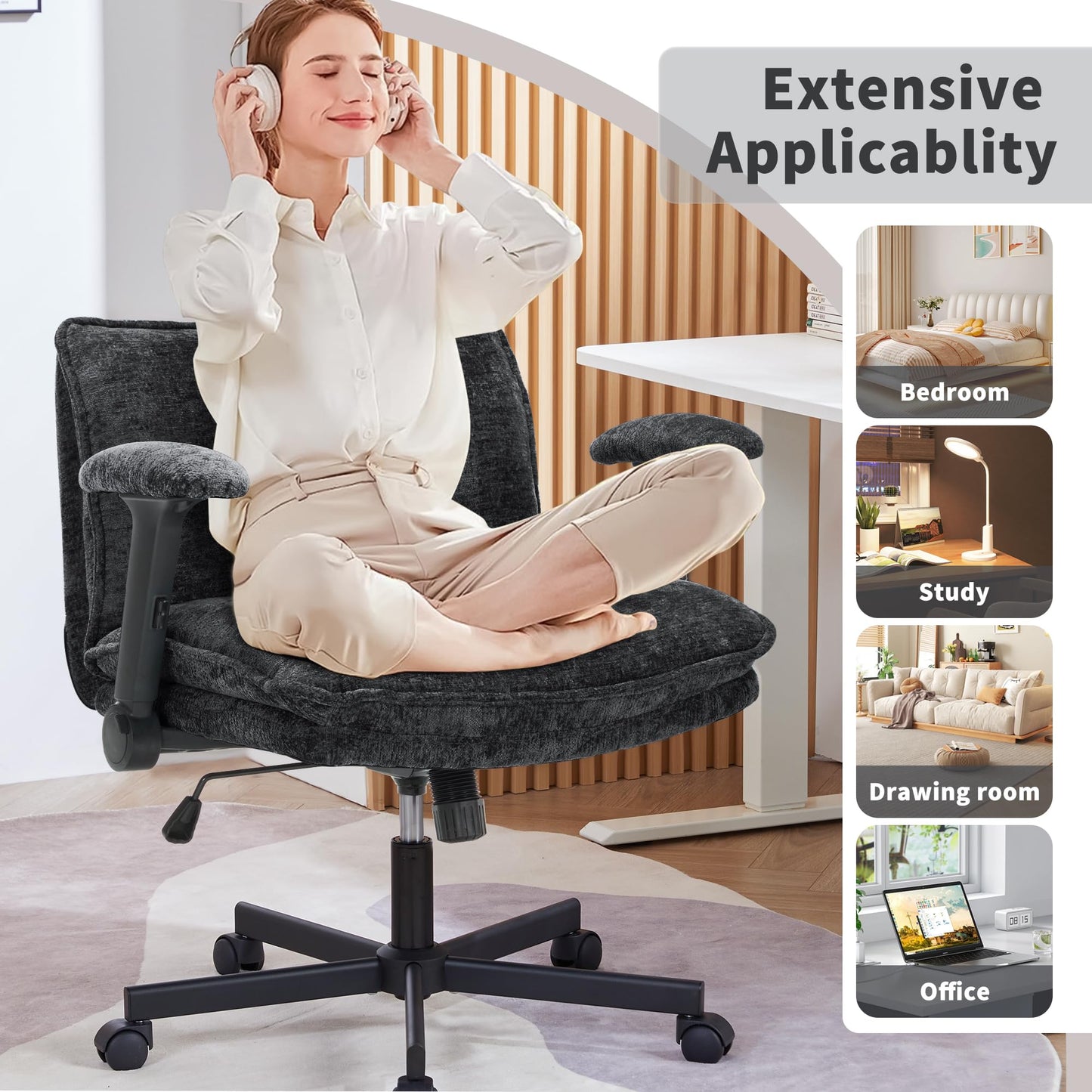 FanciSpot Cross Legged Office Chair with Wheels and Adjustable Flip-Arms, Criss Cross Desk Chair with Thick Cushion, Wide Seat Office Chair for Home Office, Apartment, Bedroom, Black