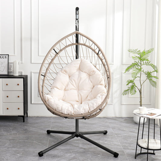 Hanging Egg Chair with Stand, Foldable Patio Hammock Egg Swing Chair Made by All-Weather Core-Spun Polyester Rope with Soft Cushion for Bedroom Garden Indoor Outdoor, 350Lbs Cap. (Beige)