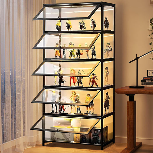 QOEUDD Curio Display Cabinet with Acrylic Glass Door, 5-Tier Display Case, Curio Cabinet & Bookcase for Collectibles, Display Shelf for Home, Reading Nook, Playroom, Living Room